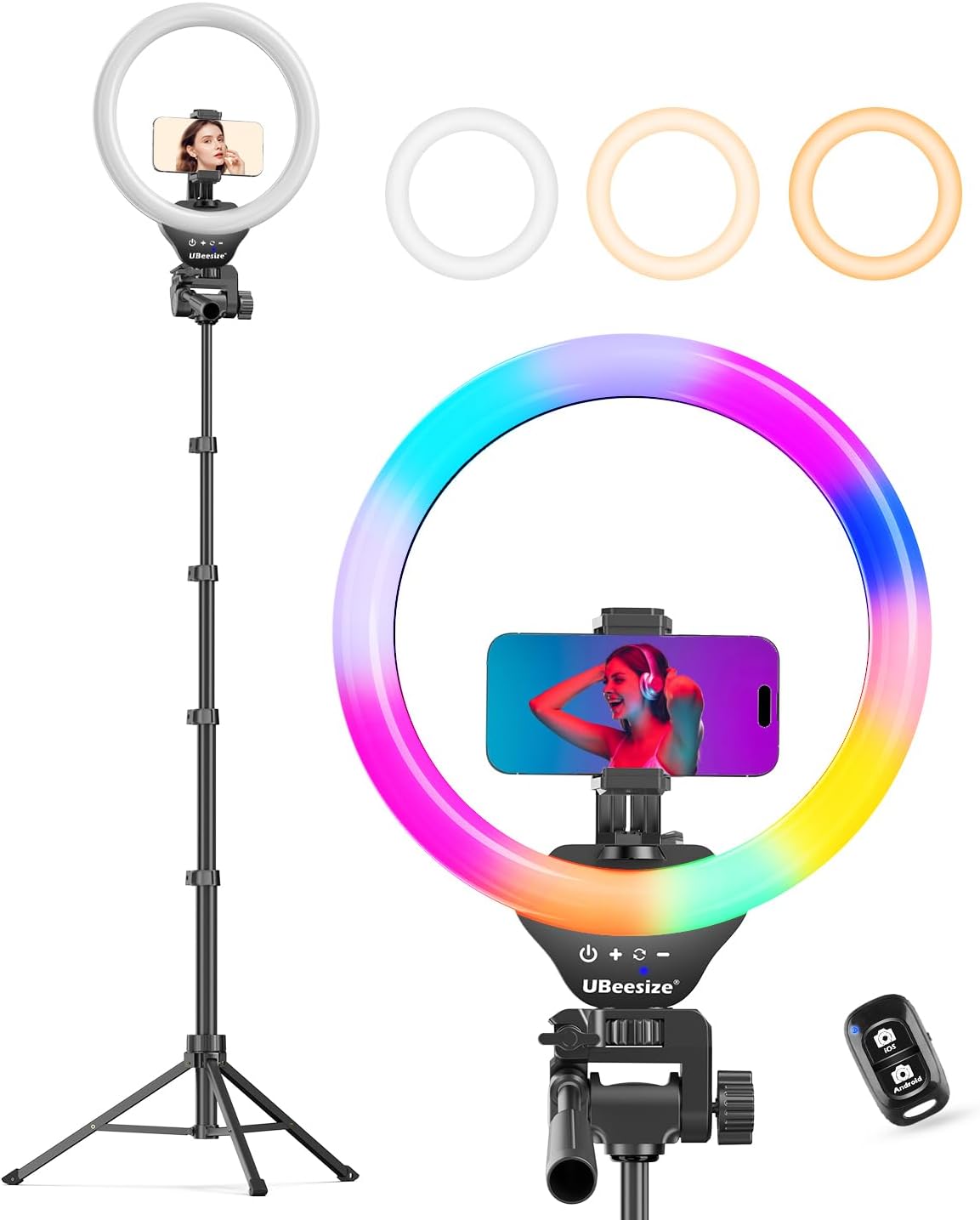 UBeesize 12'' RGB Selfie Ring Light with 62’’ Tripod Stand for Video Recording＆Live