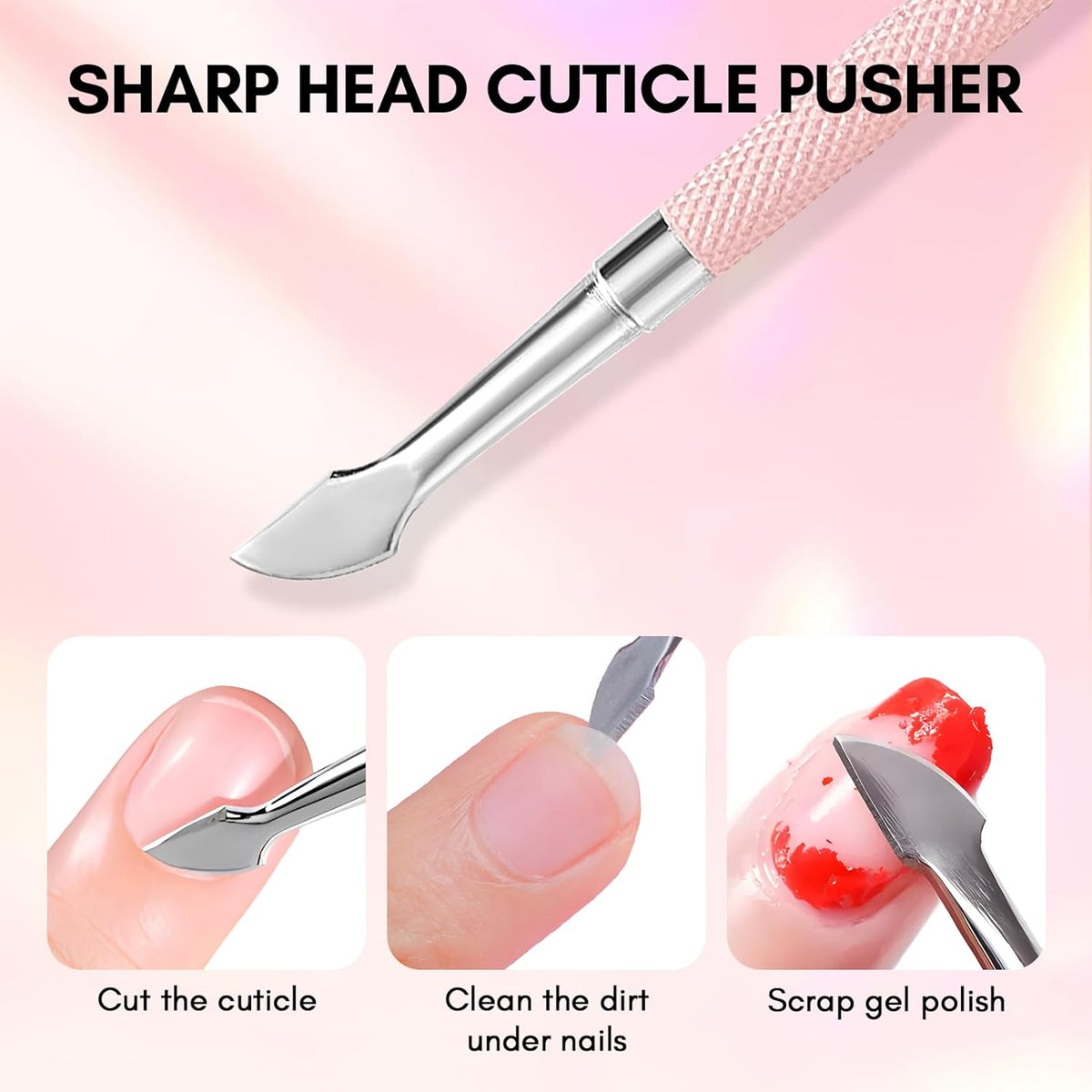 Makartt Cuticle Pusher, Pink Cuticle Remover, Professional Stainless Steel Nail Cleaner Dual Ended