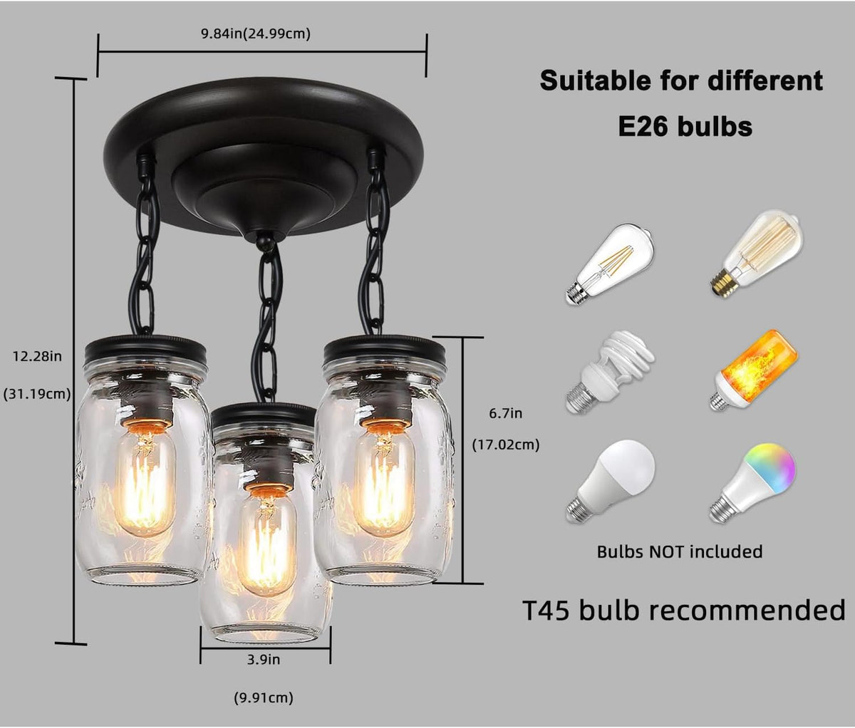 Glass Mason Jar Light Fixtures, 3-Lights Pendant Ceiling Lights Flush Mount - Black Country