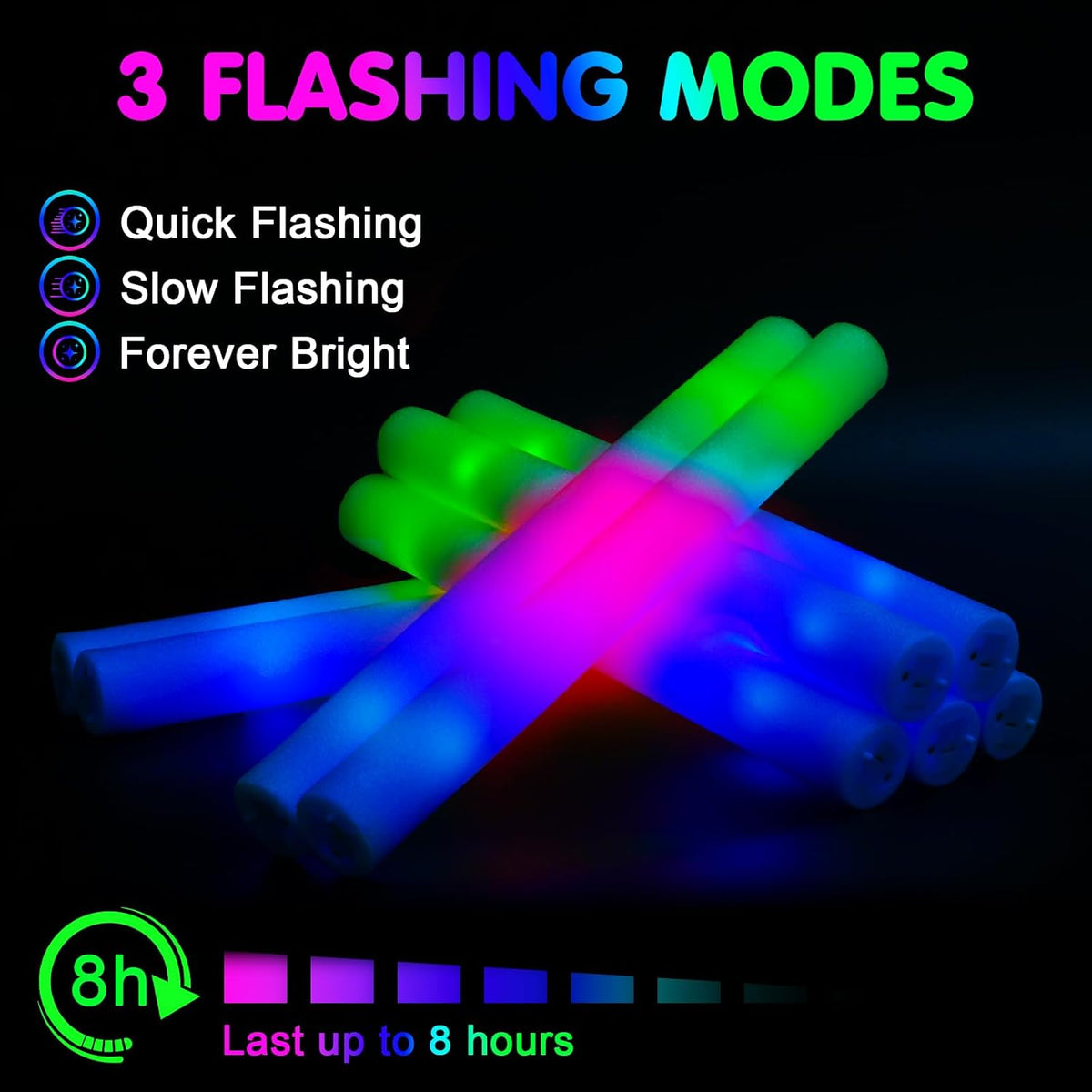 225 Foam Glow Sticks, Foam Light Up Sticks Party Supplies with 3 Mode Colorful Flashing, Glow
