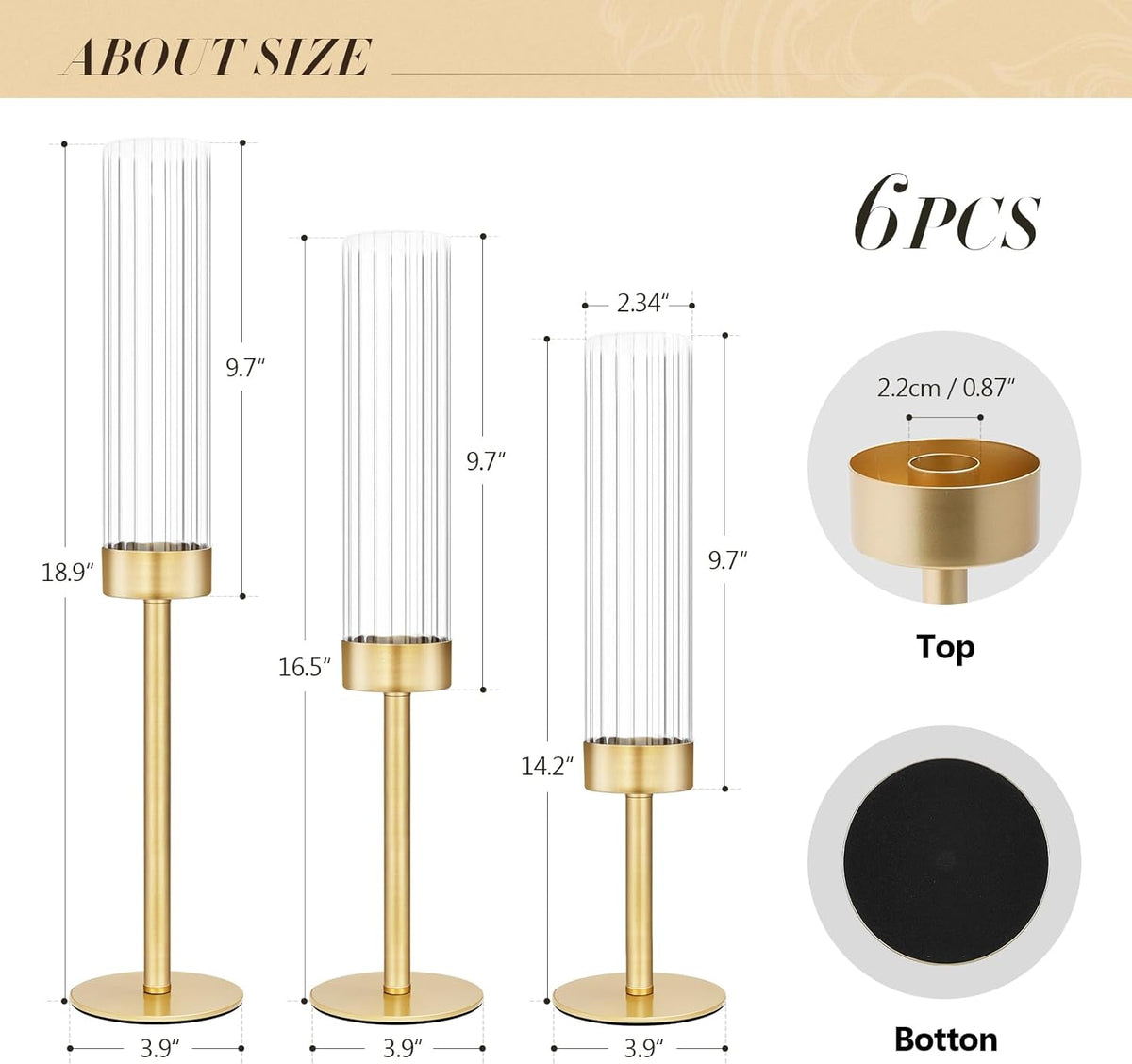 Glass Hurricane Candlestick Holders Gold, KSWING Set of 6 Taper Candle Holders Brass Tall Clear