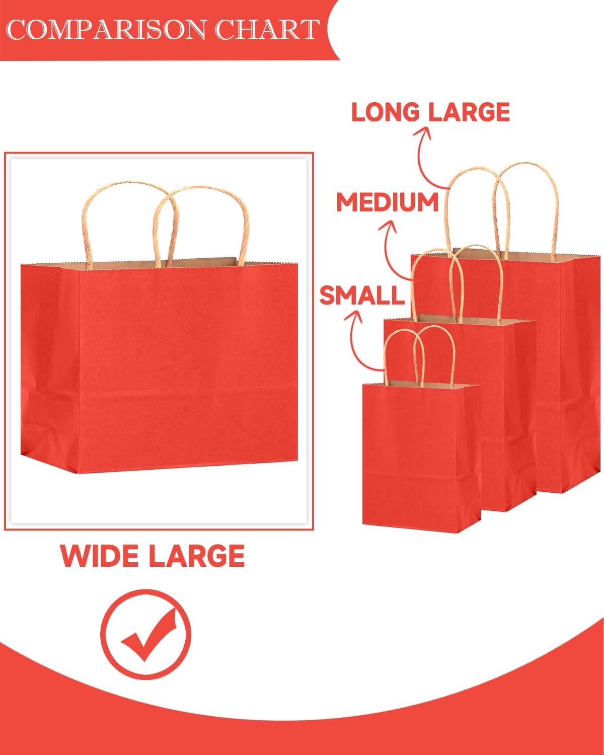 qiqee 100PCS Large Gift Bag with Handles Bulk 13"x4.5"x10" Gift Bags Kraft Red Multiple Uses