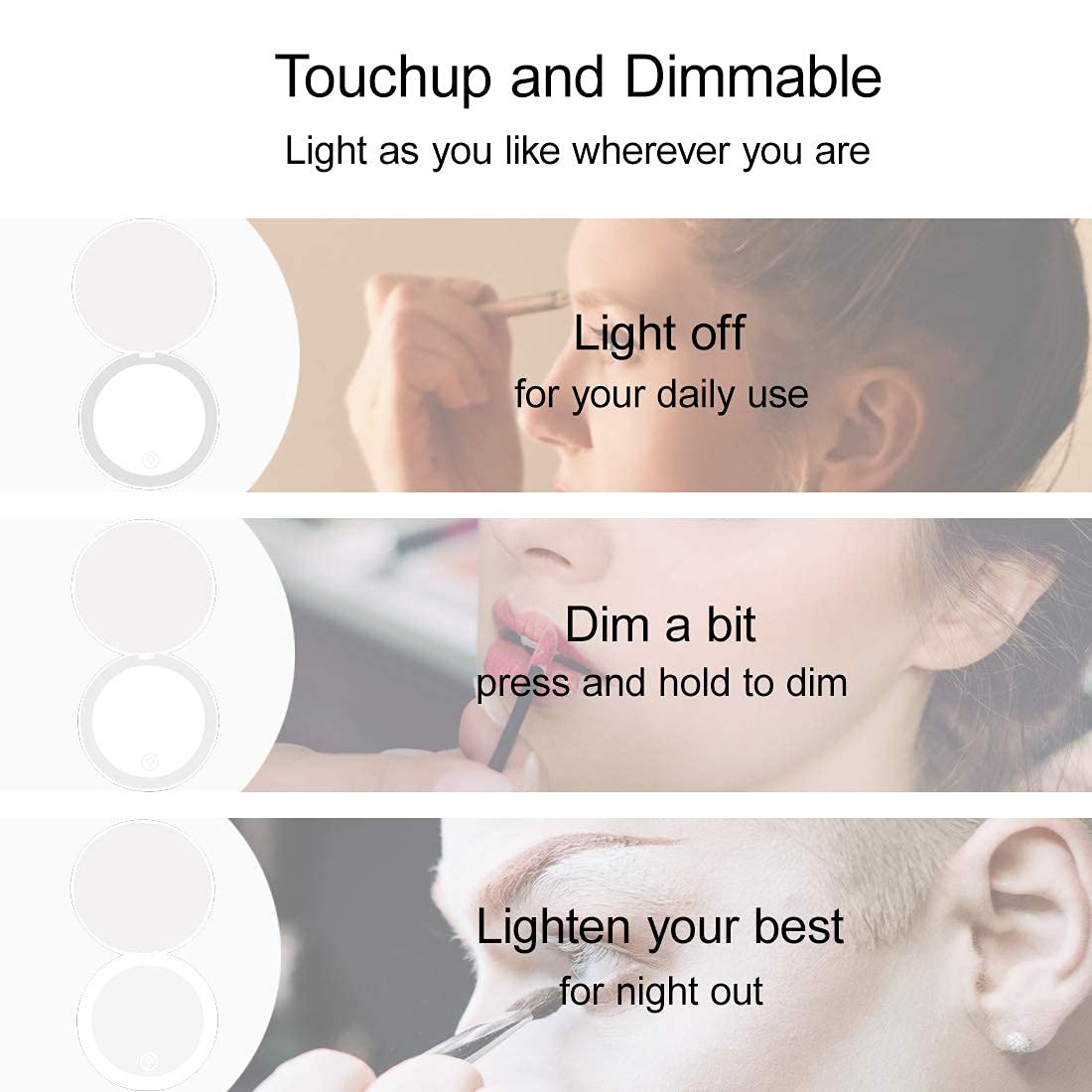 Compact Mirror with LED Light,1x/10x Magnifying Rechargeable Mirror,3.5in, Dimmable Travel Mirror