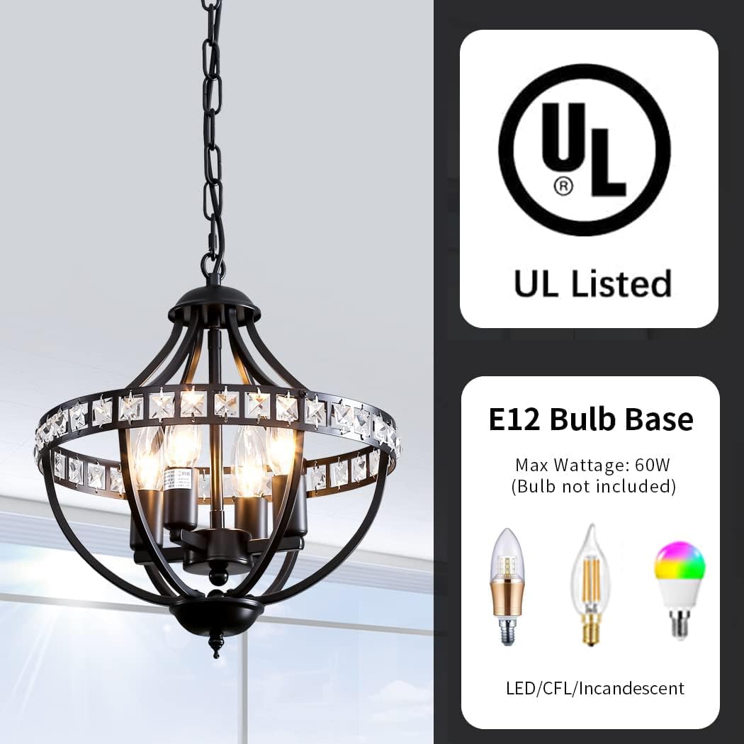 Crystal Chandelier Light Fixtures, 4-Lights Farmhouse Rustic Vintage Black Pendant Hanging Lighting
