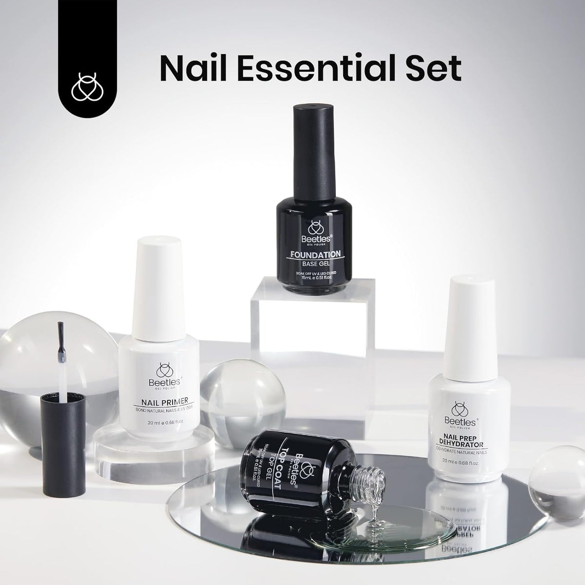 Beetles 4 Pcs 15ml Base Gel and Top Coat Kit with 20ml Nail Dehydrator and Primer, Professional