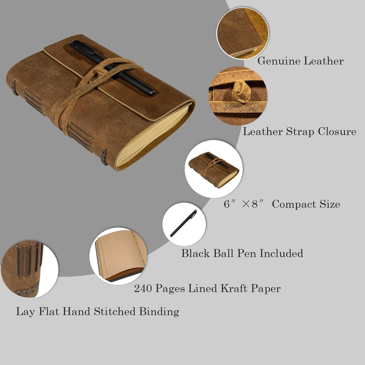 Brown Notebook Journal - Best Genuine Cool Leather Journaling for writers A5 Size Diary 6.2x8.5
