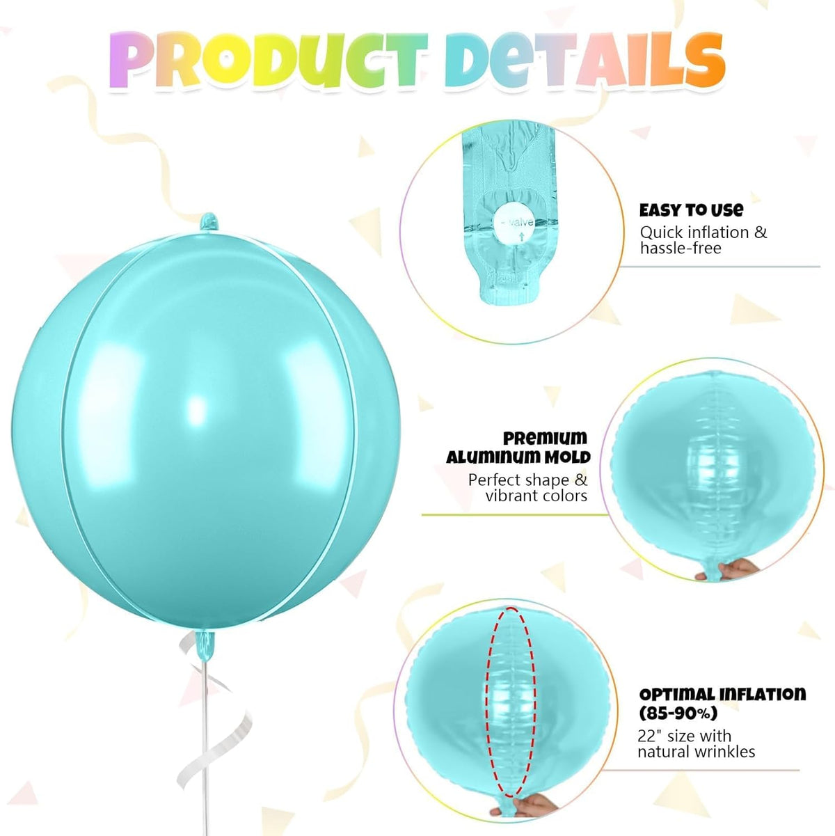 Giant 4D Foil Balloons, 6Pcs Pink Yellow Purple Blue Green Orange Round Balloons, 22 Inch Big Round