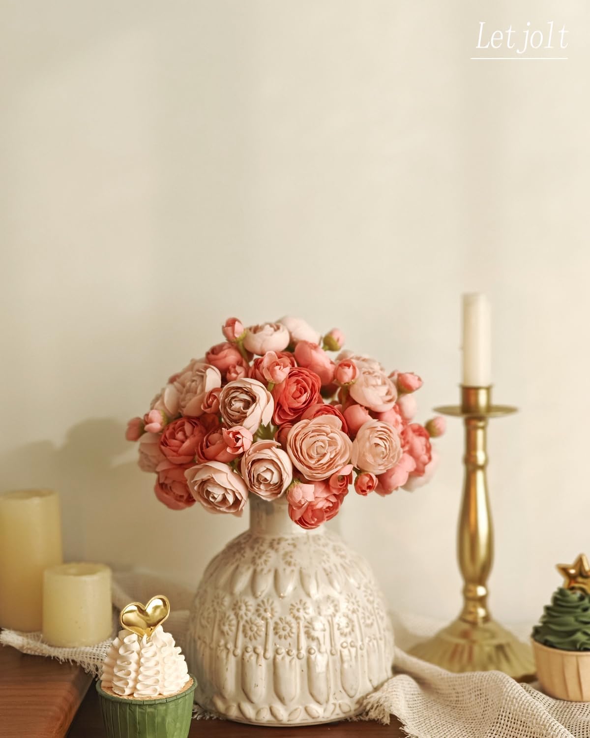 Letjolt Ranunculus Artificial Flower 18 Pcs Pink Silk Ranunculus Wedding Bouquet Engagement