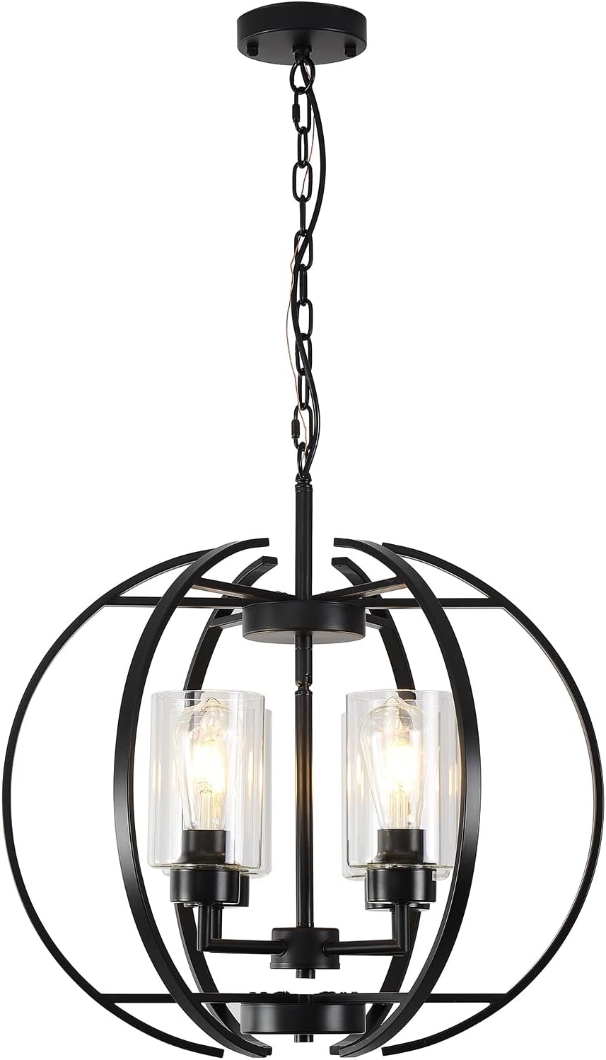 Black Chandelier Lighting with Clear Glass for Dining Room, Farmhouse Hanging Lighting, 4 Lights