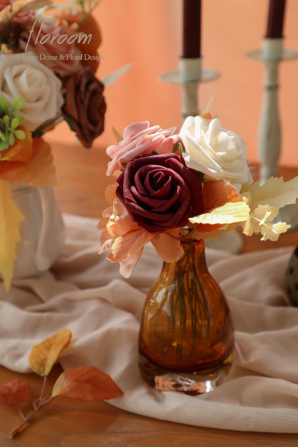 Floroom Artificial Flowers 25pcs Real Looking Burgundy Ombre Colors Foam Fake Roses with Stems for