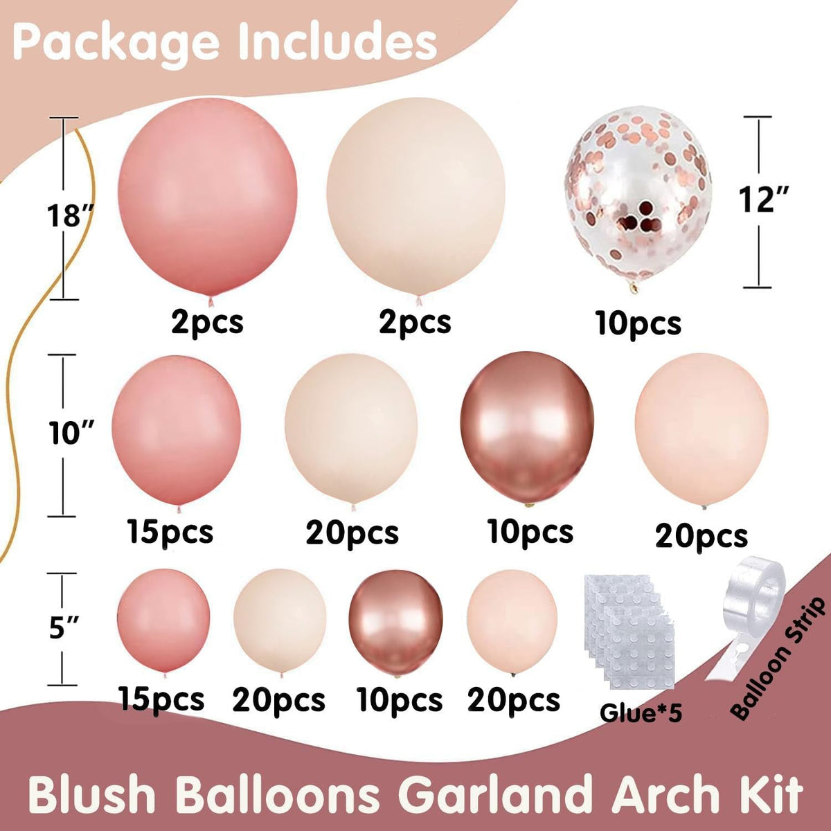 Blush Pink Balloons Garland Arch Kit,144pcs Retro Pink Rose Gold Sand White Confetti Balloons for