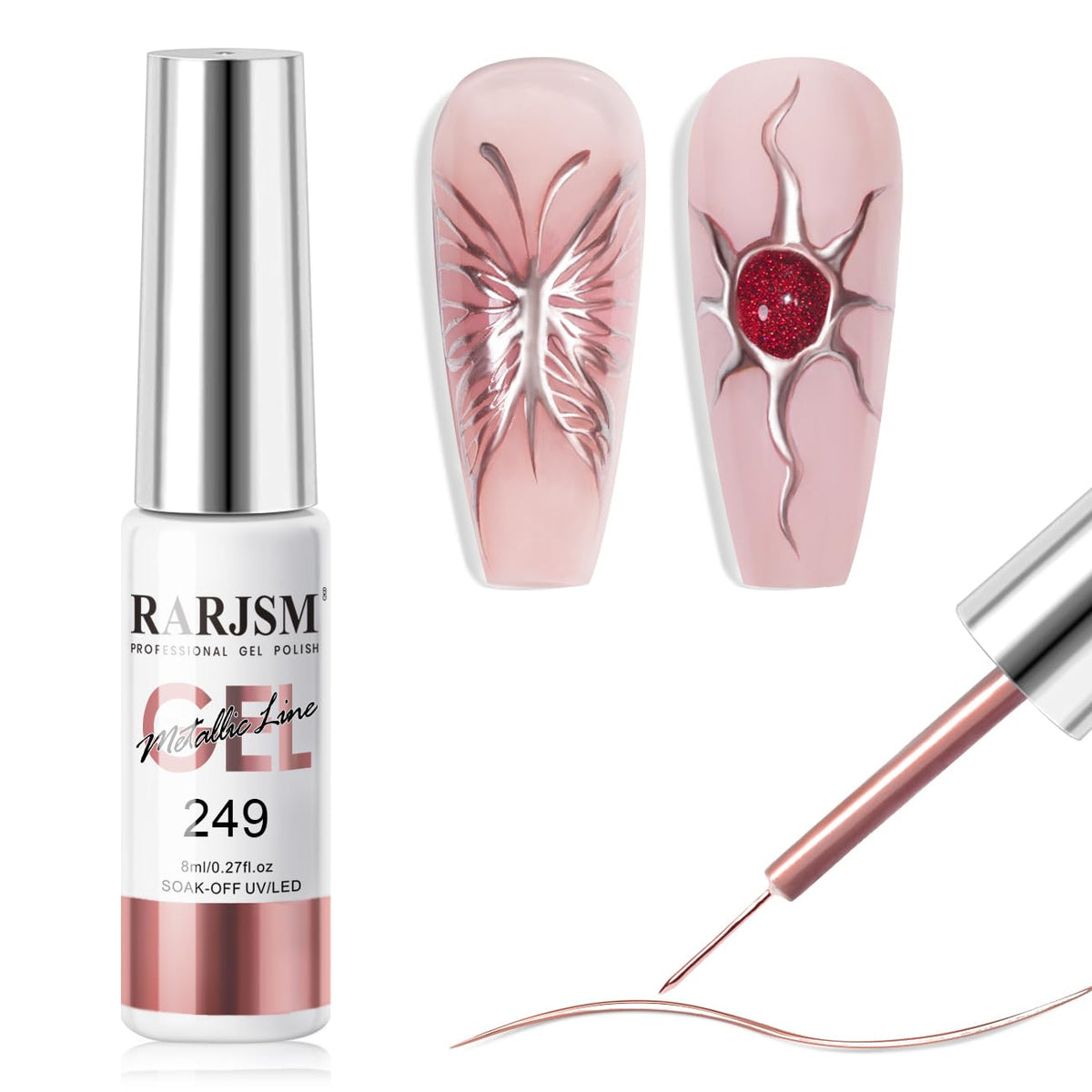 RARJSM Metallic Gel Liner Nail Art Rose Gold 3D Mirror Chrome Effect Gel Nail Polish 8ml Painting
