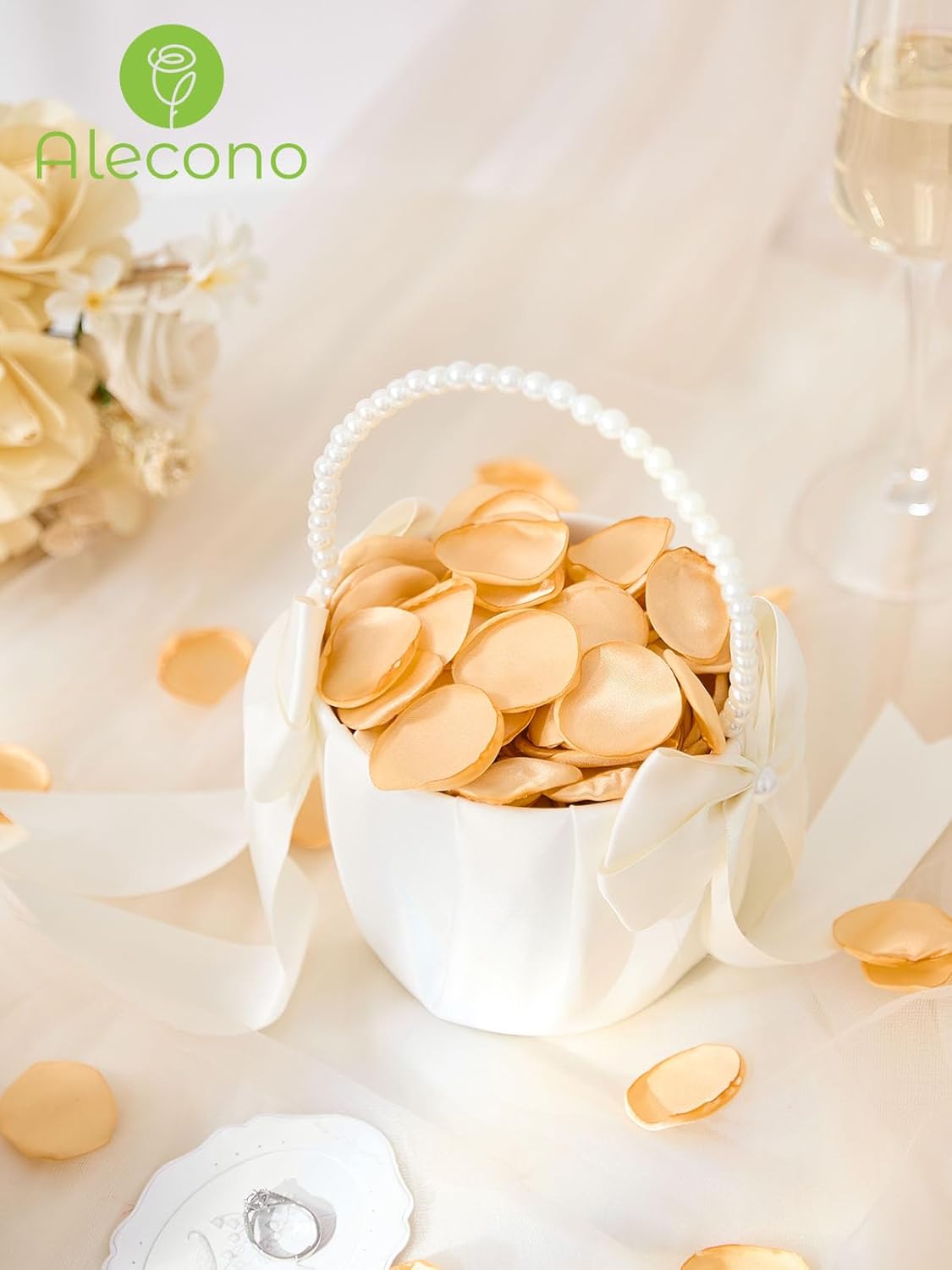 Alecono 𝟰𝟬𝟬𝙋𝙘𝙨 Silk Rose Petals, Fake Champagne Golden Petals for Wedding Proposal Flower