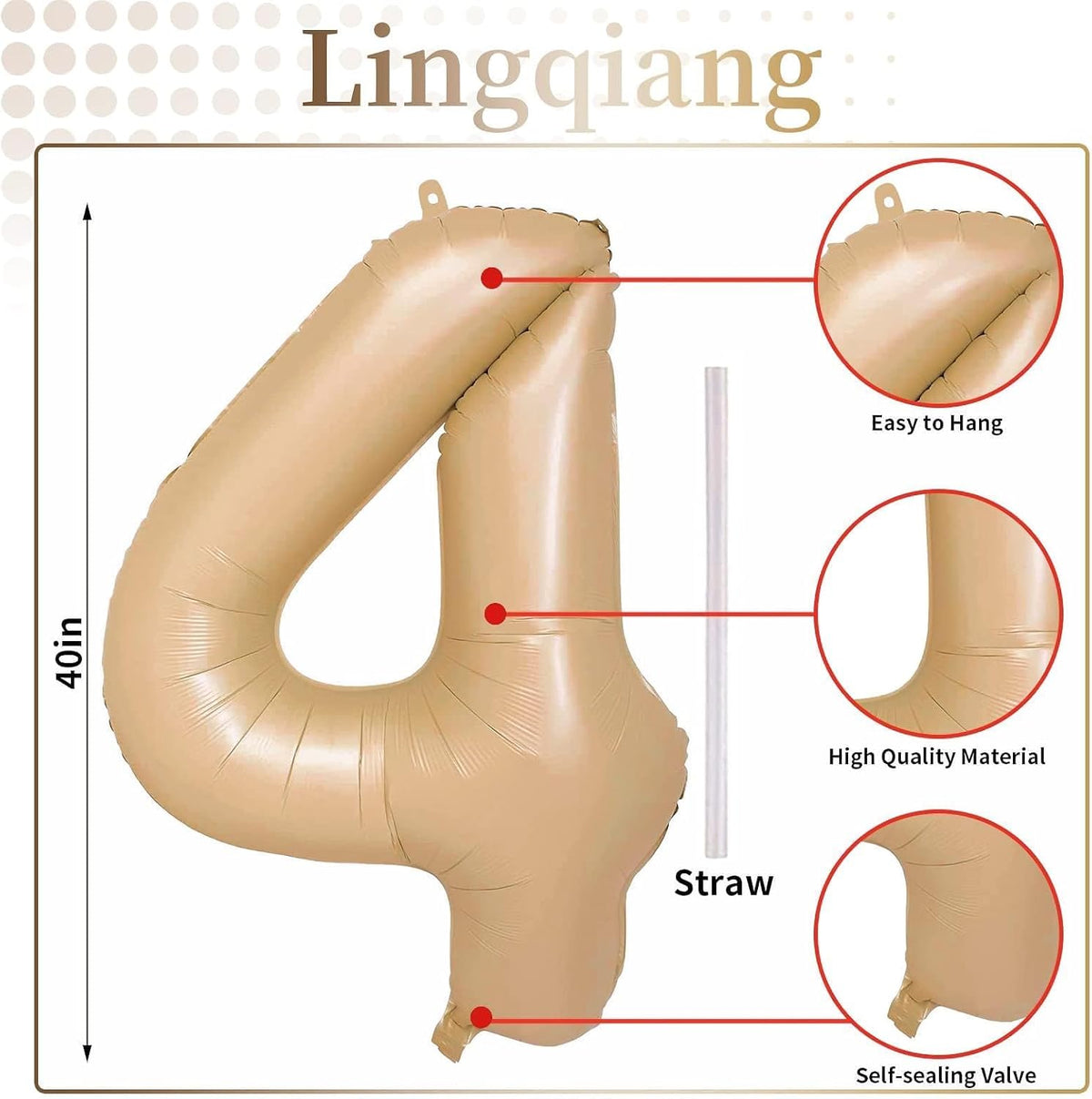 Nude Balloon Number 4, 40 Inch Large Self Inflating Brown Foil Number Balloons 0-9, Giant Apricot 4