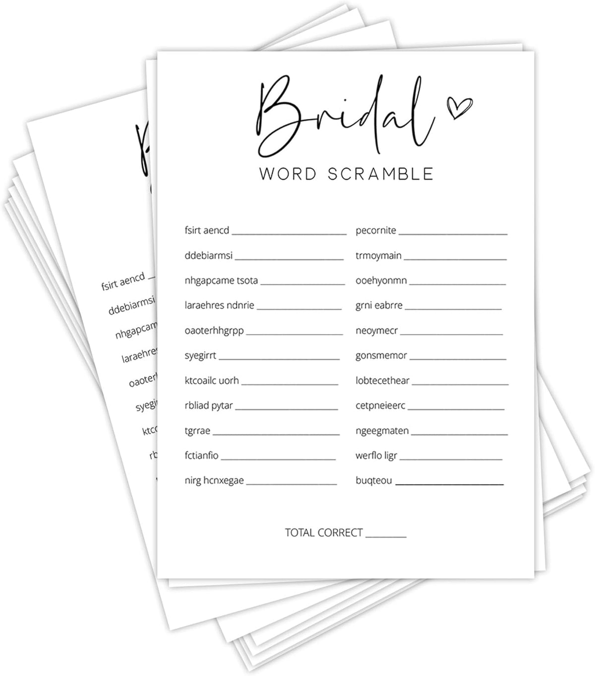 Bridal Shower Games, Word Scramble, 25Pcs Minimalist White Double-Sided Bridal Game Cards with 1