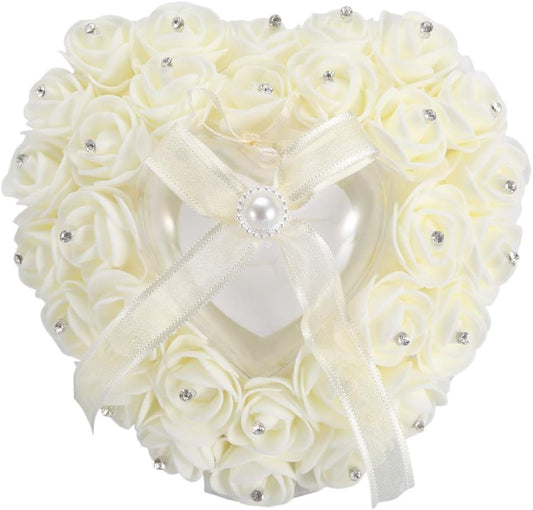 Hilitand Wedding Cushion Pillow Romantic Heart Shaped Wedding Box Rose Rhinestone Decorative