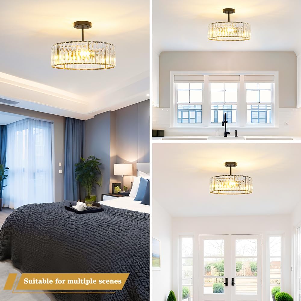 Modern Crystal Ceiling Light Fixture, Semi Flush Mount Ceiling Light, Matte Black Hallway Lighting