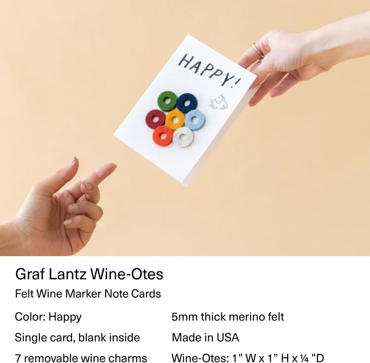 Graf Lantz - Wine-Ote's Merino Wool Wine Glass Charms (Happy) 7 Count - Drink Markers with Note