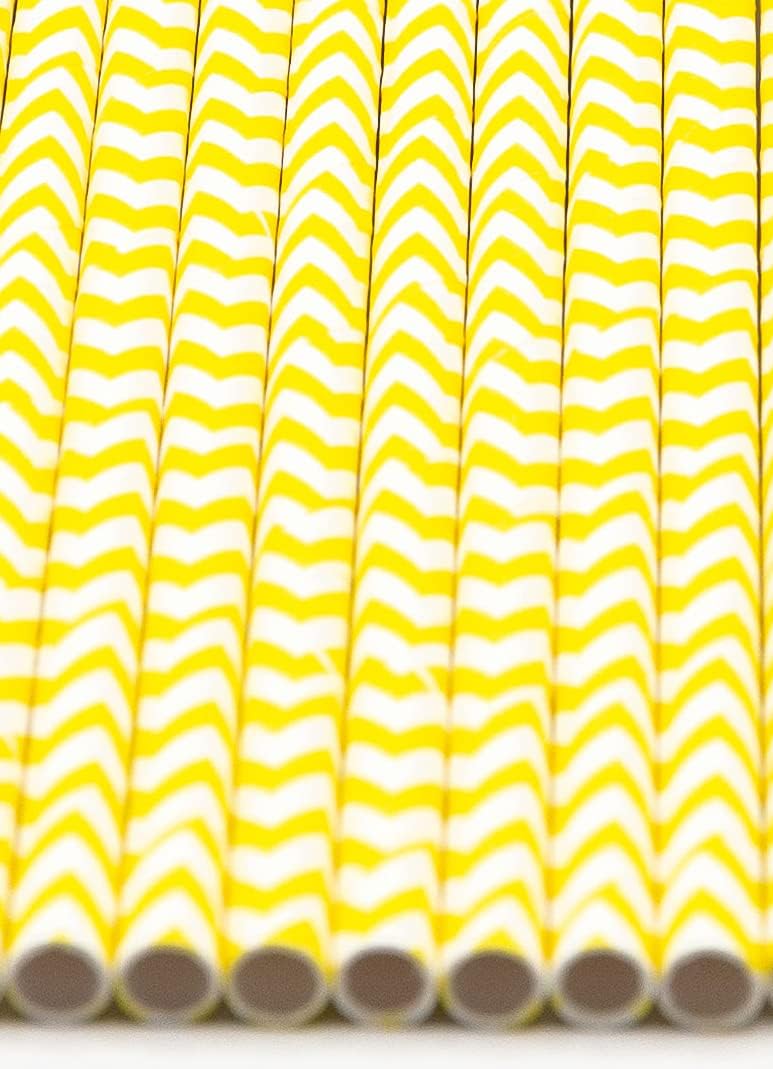Pack of 900 Yellow Chevron Biodegradable 4-Ply Paper Drinking Straws (Compostable, Non-toxic