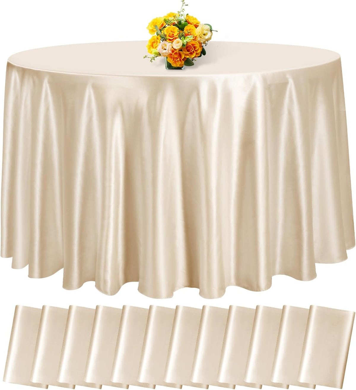 12 Pack 120 Inch Champagne Satin Tablecloth - Premium Bright Silky Round Tablecloth Overlay Smooth