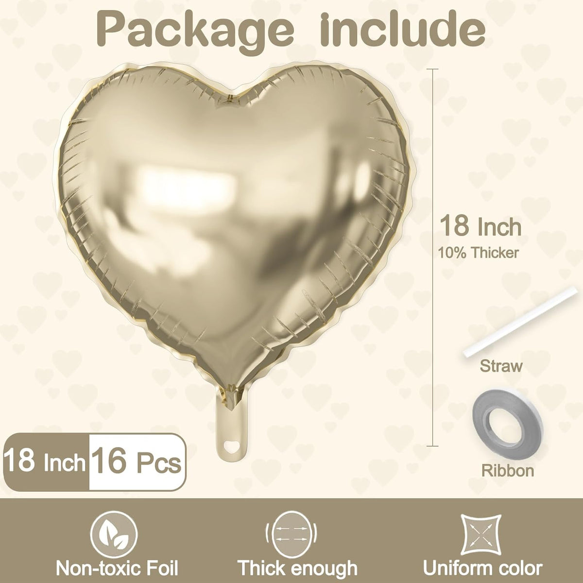 16 Pcs Heart Balloons, 18 Inch Champagne Gold Love Heart Shaped Foil Balloons for Wedding