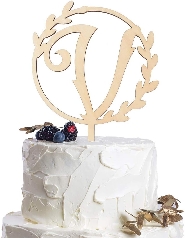 LINGTEER Personalized Inital Letter V Wooden Cake Topper Perfect for Birthday Rustic Wedding