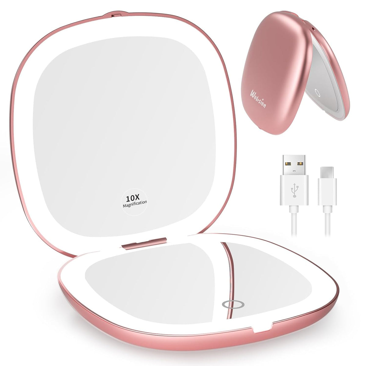 WOBSION Rechargeable Lighted Travel Makeup Mirror,1x/10x Compact Magnifying Mirror with