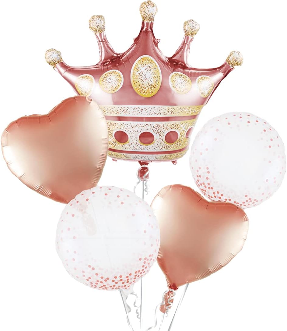 Crown Balloons Pack Of 5 Foil Mylar Helium Balloons For Quinceanera Party Decorations in Rose Gold