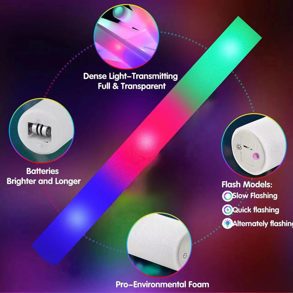105 PCS LED Foam Glow Sticks, Glow Sticks Bulk Party Pack with 3 Modes Colorful Flashing, Glow in