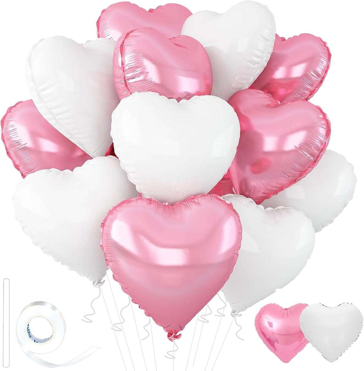 White-Pink Heart Balloons,18inch Bright Pink Heart Shaped Foil Balloons & Snowy White Helium Mylar