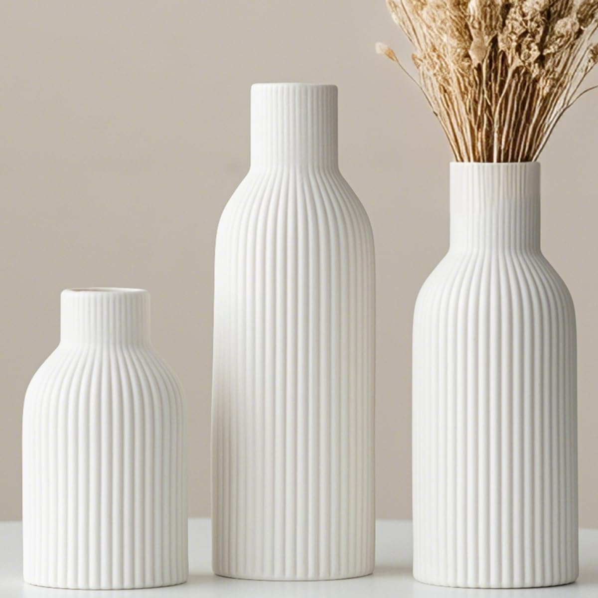 Modern Ceramic Vases Set of 3, White Ribbed Decorative Vases, Shelf Table Centerpiece for Home