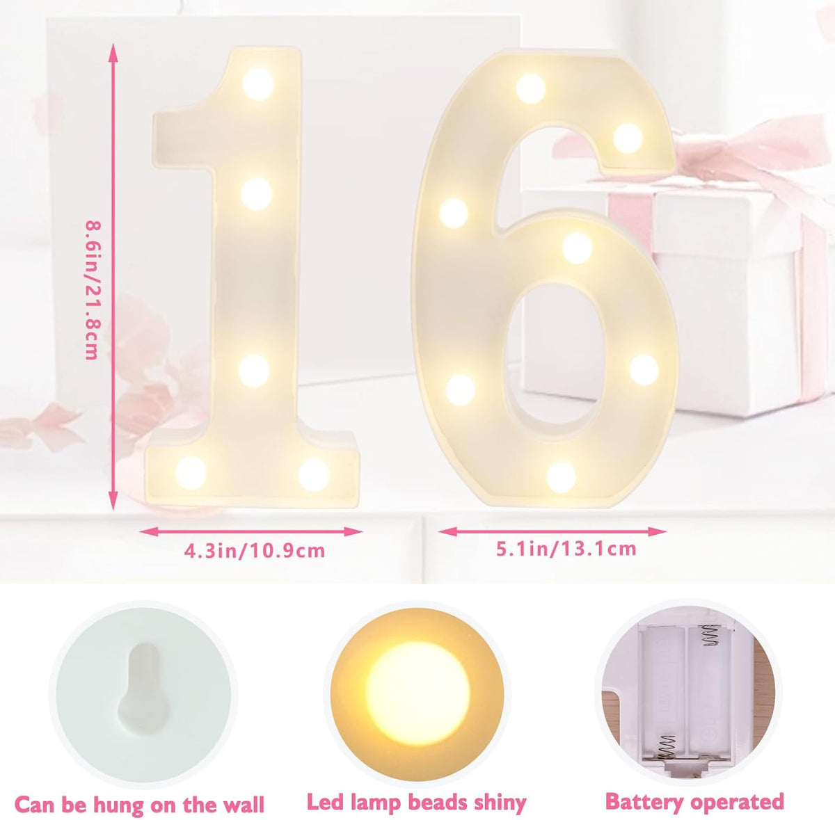 LED Marquee Letter Lights, Decorative Light Up Numbers for 16th Birthday Party, Battery Operated