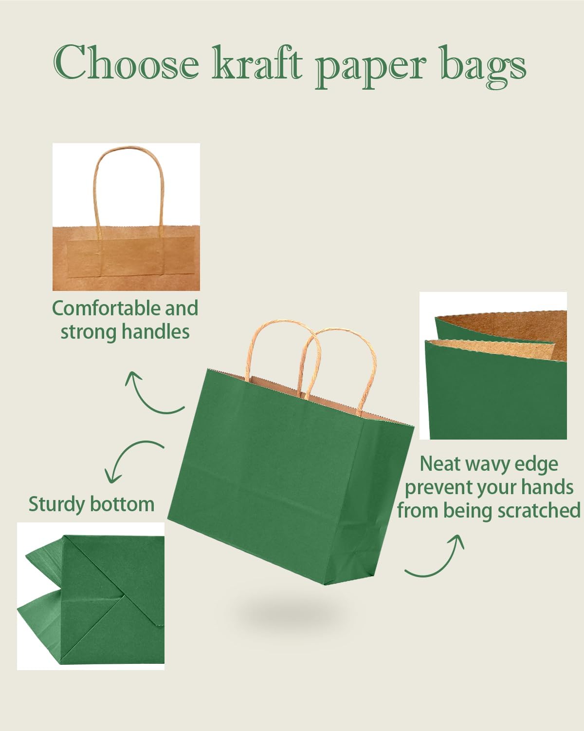 qiqee 100PCS Large Gift Bag with Handles Bulk 13"x4.5"x10" Gift Bags Kraft Deep Green Multiple Uses