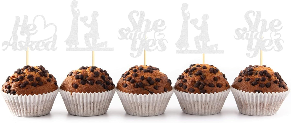 Sotpot 24PCS He Asked She Said Yes Cupcake Toppers With Heart Silver Glitter for Wedding Bridal
