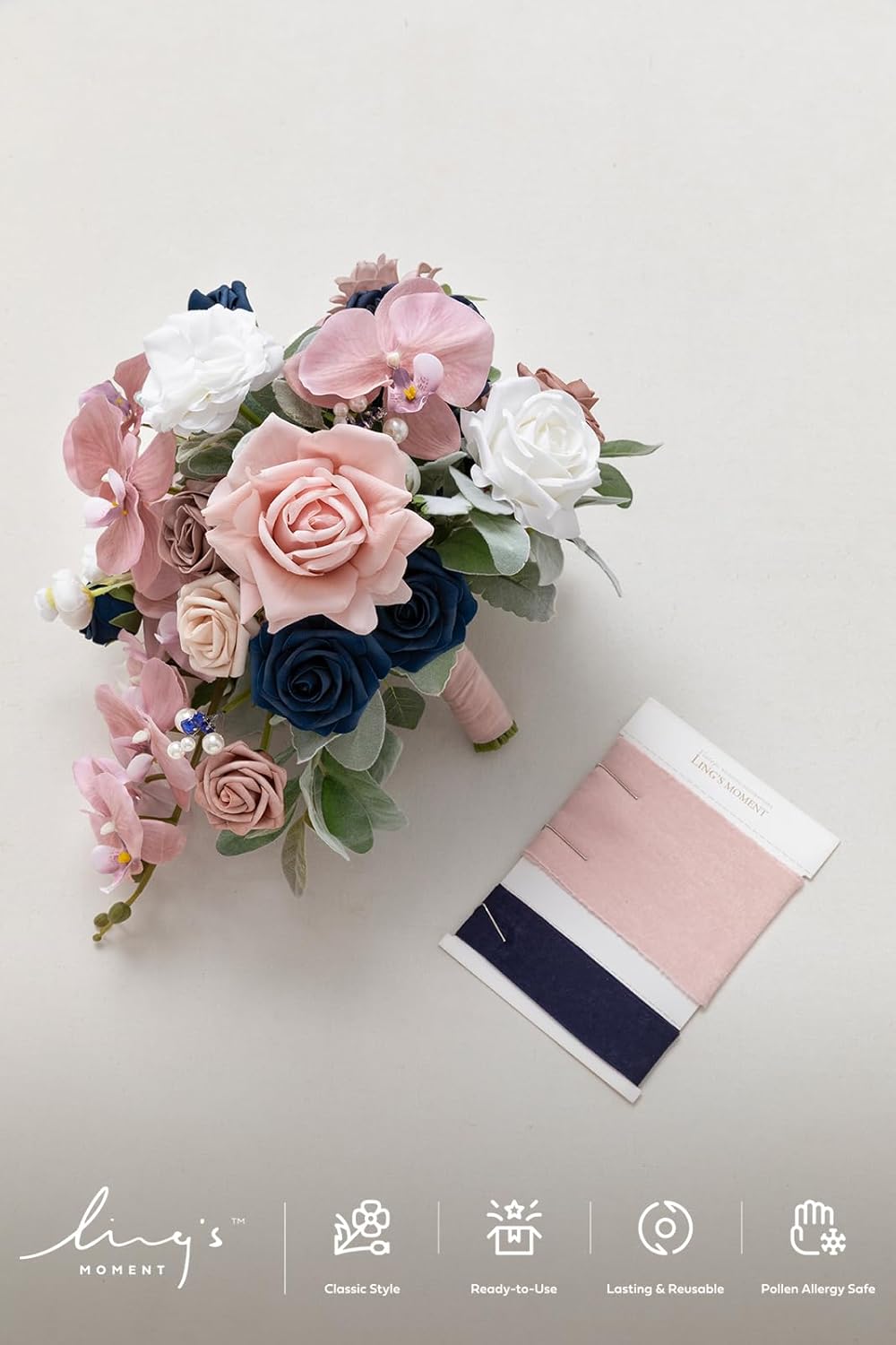 Ling's moment Pink Blue Bridal Bouquet Cascading, Dusty Rose Navy Wedding Bouquets for Bride, 13