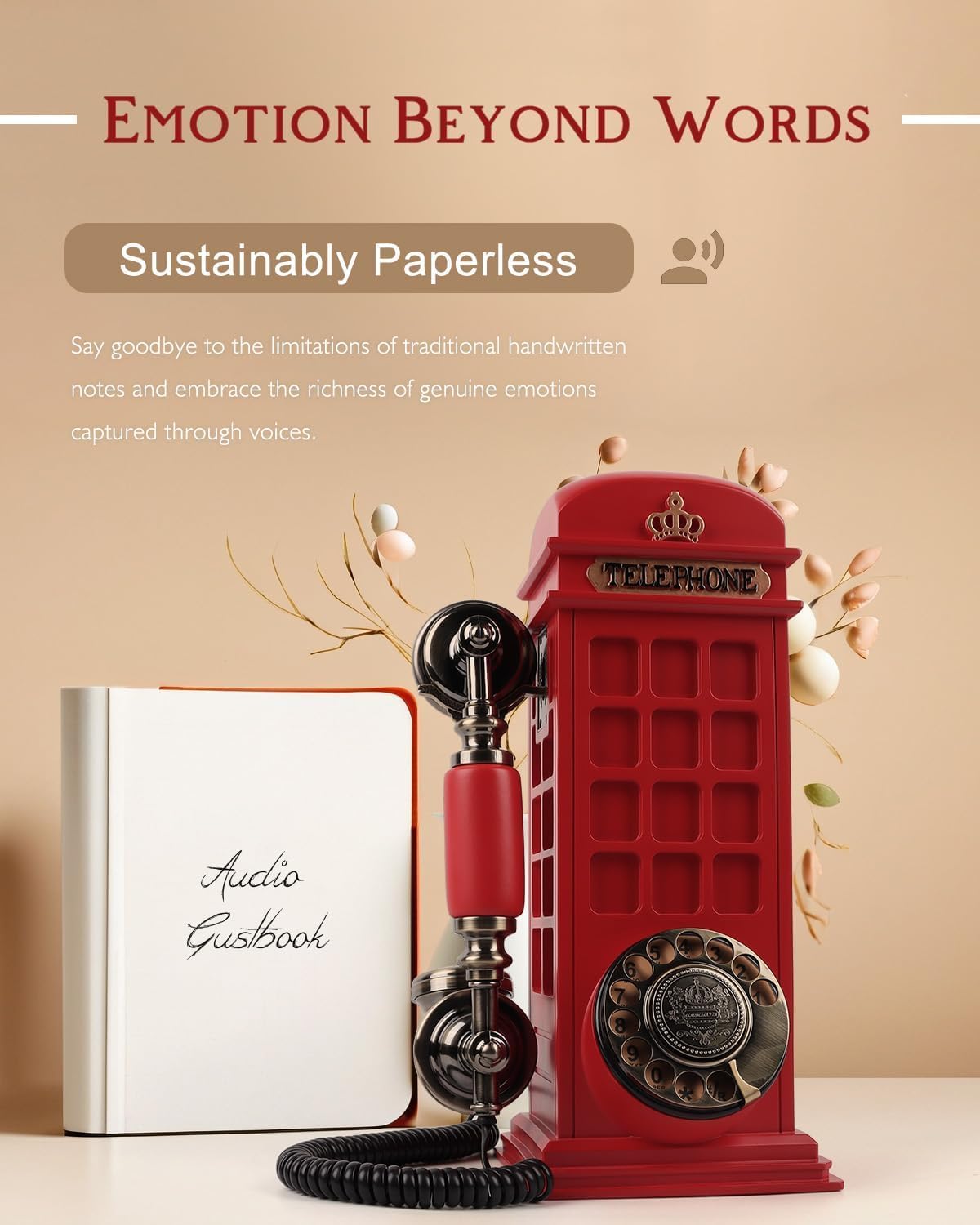 Audio Guest Book Wedding Phone with Vintage Phone Booth Design, Record Customized Audio Message