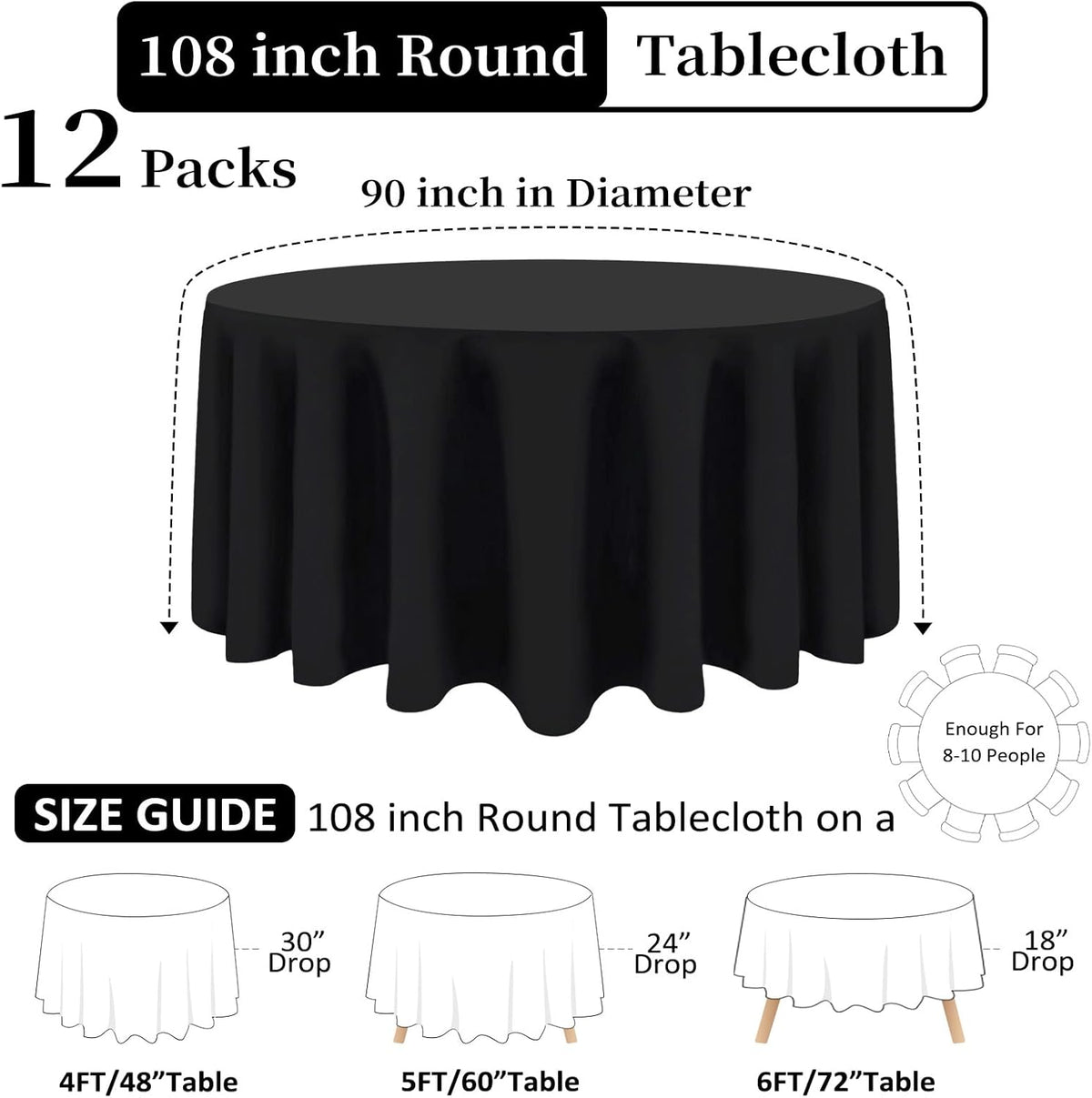 12 Pack Black Round Tablecloth 108 Inch Black Table Cloth Stain and Wrinkle Resistant Round