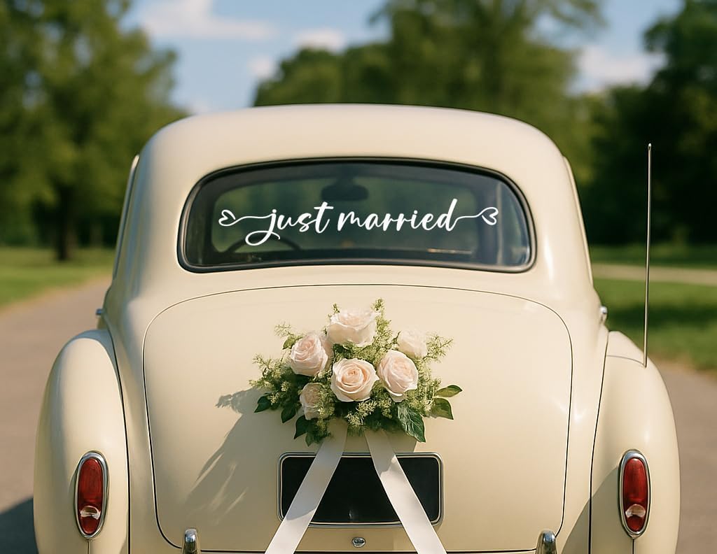 Just Married Car Decal – Wedding Bumper Sticker for Newlyweds, Unique Wedding Car Decoration (28 x