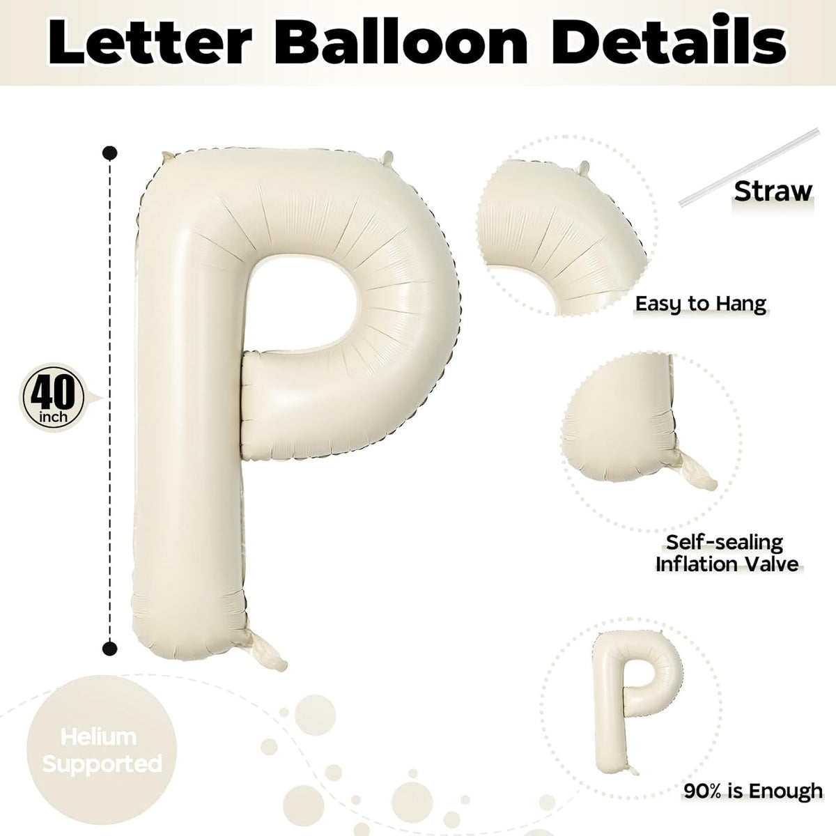 Giant Alphabet P Foil Name Balloons, Cream Ivory White Inflatable Word Balloons P Letters Birthday
