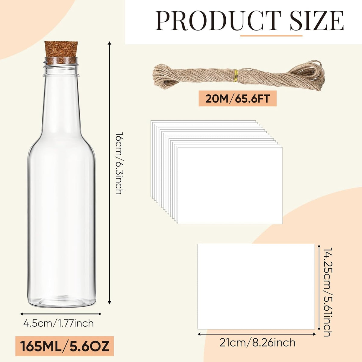 Baderke 24 Pcs 5.6 oz Message Bottles with Letter Printer Paper Plastic Bottles & Corks Twines for