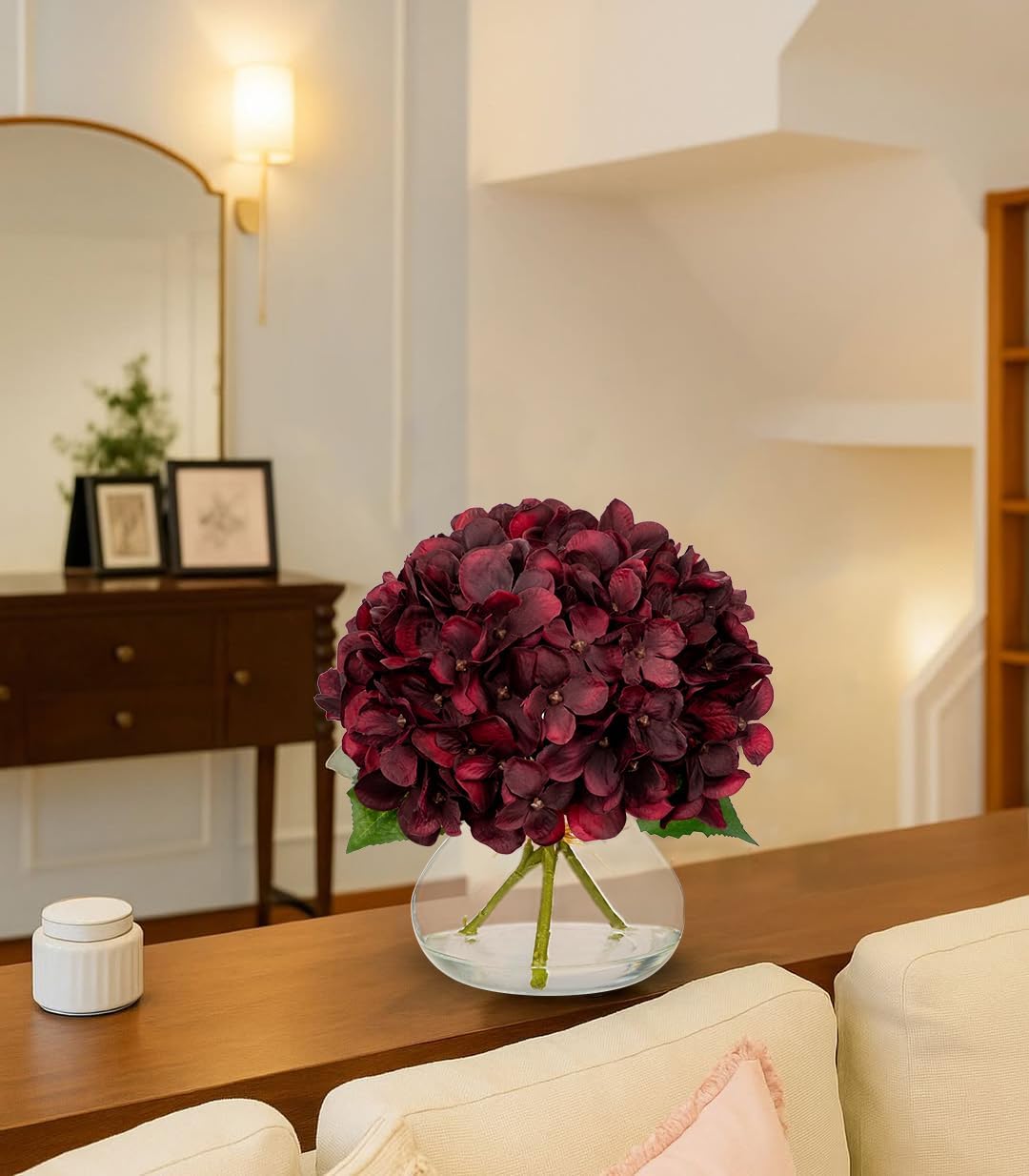 Hollyone Dark Red Fall Hydrangea Artificial Flowers for Decoration in Glass Vase Autumn Silk Faux