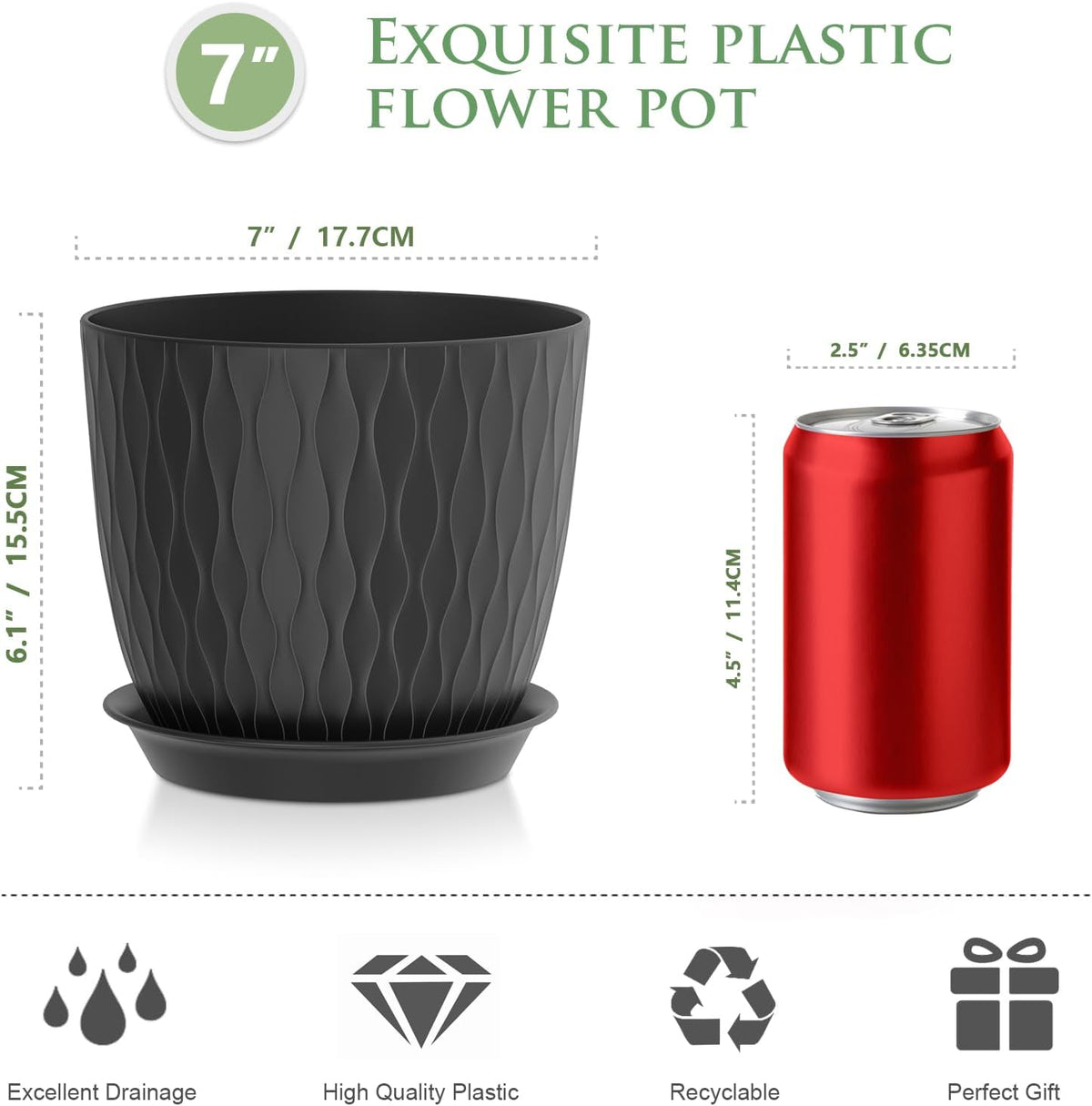 7 inch Plant Pots, 5 Pack Flower Pots with Drainage Holes and Saucers for Indoor Plants, Plastic