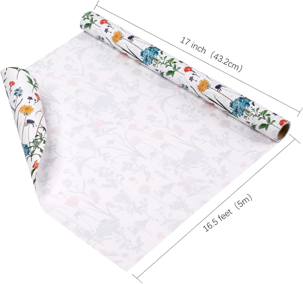 WRAPAHOLIC Kraft Wildflower Wrapping Paper - Mini Roll - 17 Inch x 16.5 Feet - Floral Wrapping