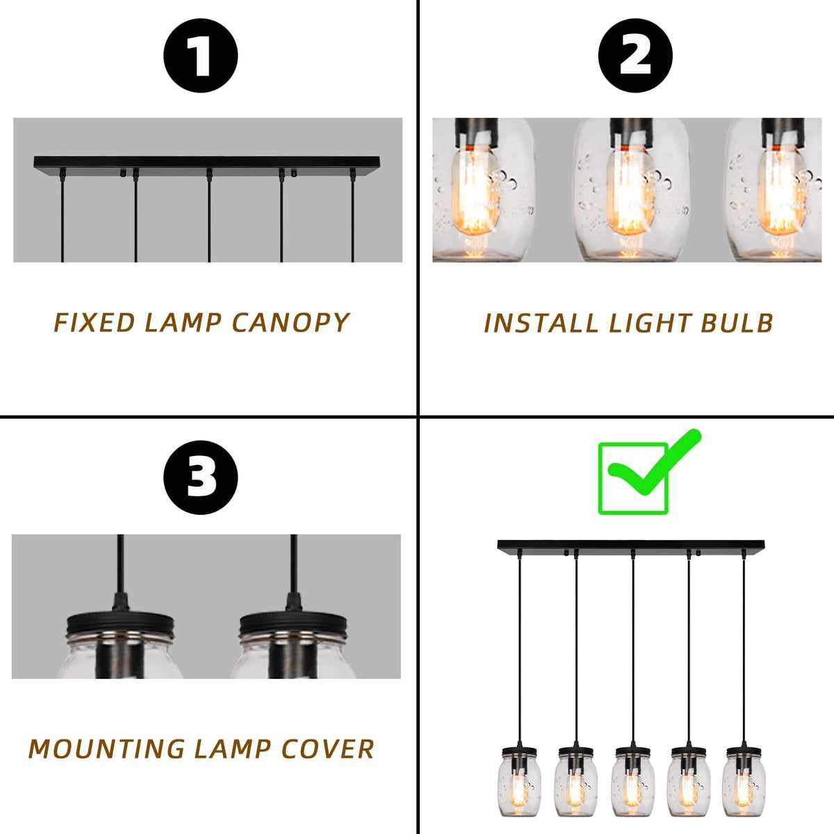 Glass Mason Jar Light Fixtures, 5-Light Adjustable Height Pendant Ceiling Lights Flush Mount