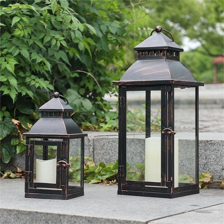 NEEDOMO Lanterns Decorative Outdoor&Indoor, Set of 2 Large Bronze Metal Lantern Decor with Glass