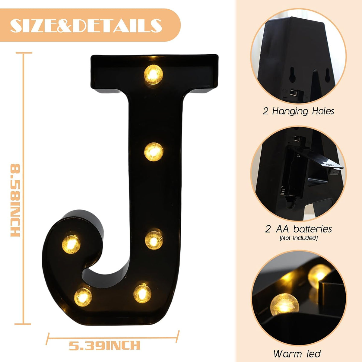 Led Marquee Letters, 8.58 Inch Black Light Up Letters, Small Led Letter Lights, Battery Powered