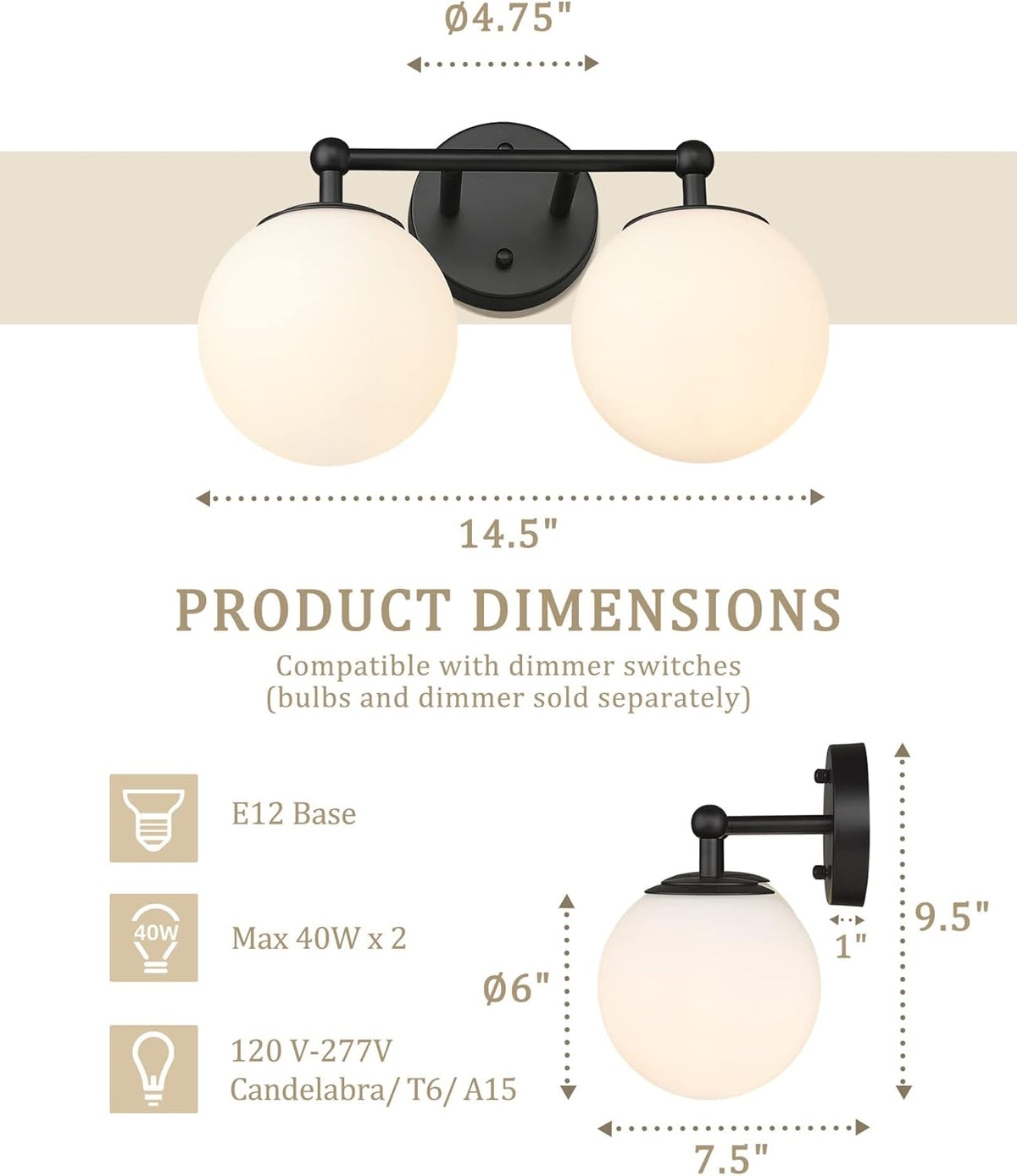 Black Vanity Light, 2 Light Black Modern Bathroom Light Fixtures Over Mirror with White Milk White