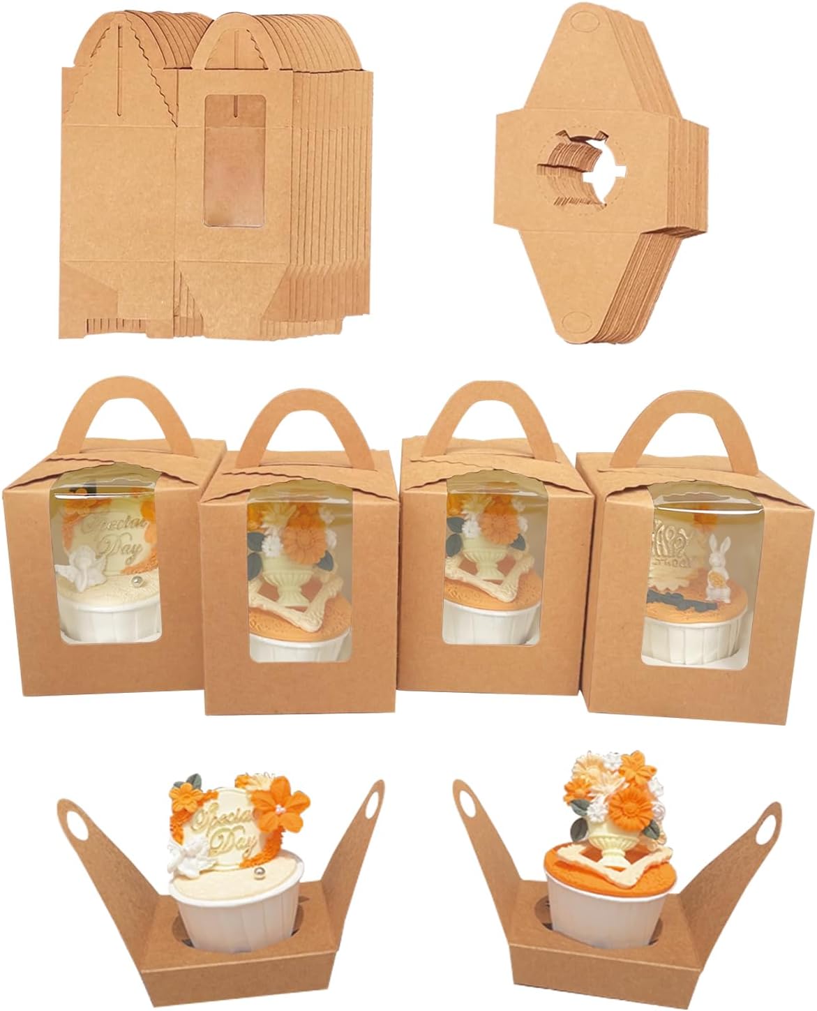 Bakepacker Auto-pop up Individual Cupcake Boxes with Window 60 Count Brown Single Cupcakes Box 3.6