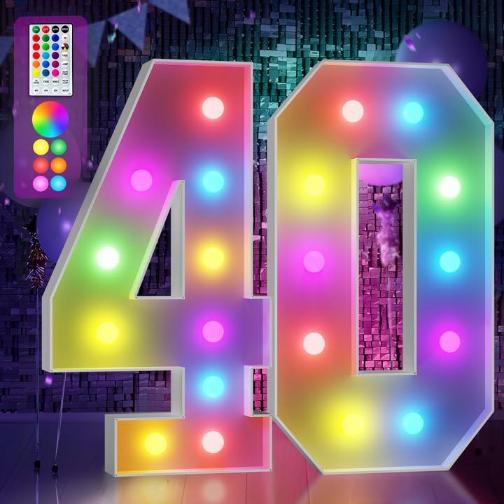Marquee Numbers Colorful 40th-Birthday Decoration: 4FT Large Light Up 40 Year Old Birthday