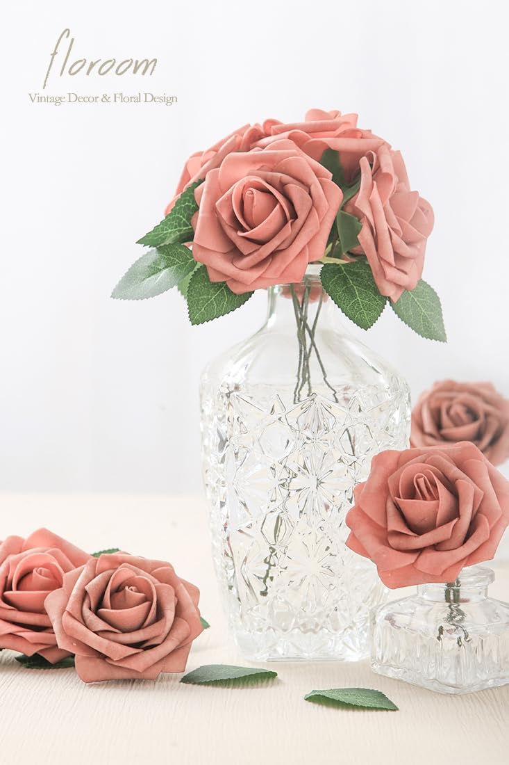 Floroom Artificial Flowers 25pcs Real Looking Dusty Pinky Cedar Foam Fake Roses with Stems for DIY